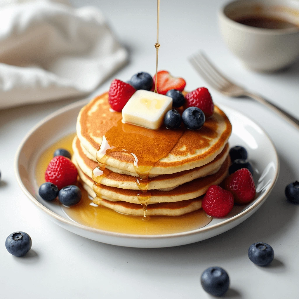 Stack of golden pancakes topped with butter, fresh strawberries, blueberries, and a drizzle of maple syrup.