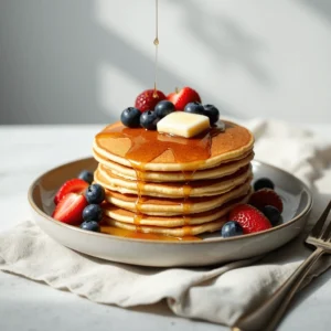 Stack of fluffy pancakes topped with butter, fresh berries, and drizzled with maple syrup on a white plate