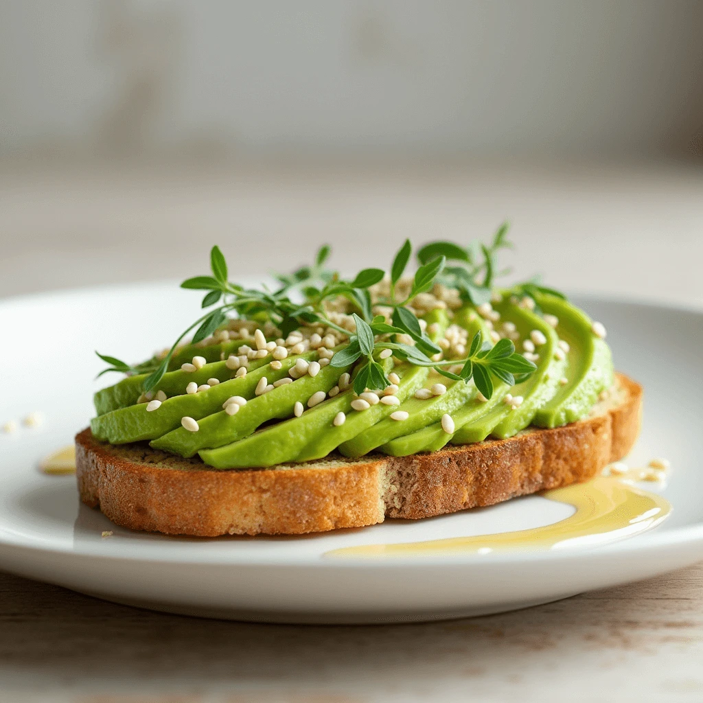 Minimalistic avocado toast with sliced avocado, sesame seeds, and fresh greens on rustic bread.