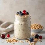 Glass jar filled with overnight oats topped with fresh strawberries, blueberries, and a drizzle of honey